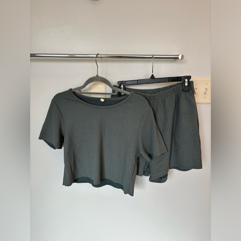 Dark Green Ribbed Top and Shorts Set